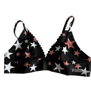 VICTORIA'S SECRET PINK Star Graphic Black Bonded Scallop Ladies Bralette, M